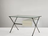 a glass desk with a drawer underneath it on a white surface