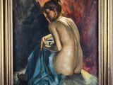 an oil painting of a nude woman sitting on a blue cloth