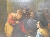 un tableau représentant un homme tendant quelque chose à une femme