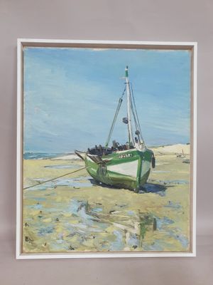 a painting of a boat on the beach by the water