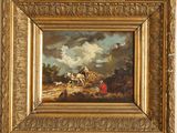 a painting of a man on a horse with a cart in the background