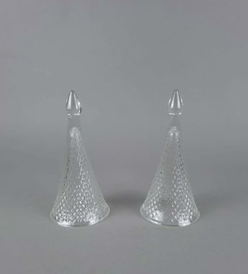 une paire de salières et poivrières en verre transparent sur fond gris