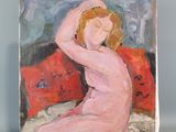 une peinture à l'huile représentant une femme nue assise sur un lit
