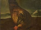 a painting of a chicken standing on top of a dirt ground