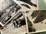 several black and white photos of people on a mountain with skis