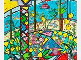 une peinture représentant une fenêtre avec une plante en pot à l'intérieur