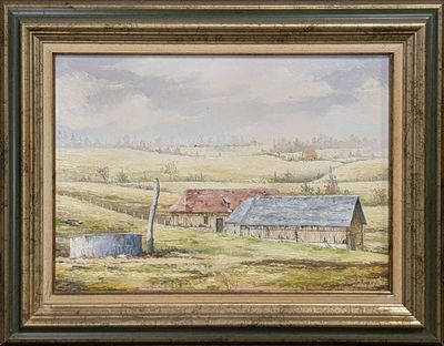 une peinture à l'huile représentant une scène de vie à la ferme, avec une grange au premier plan
