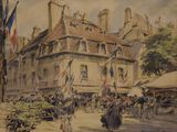 painting of a group of people walking down a street in front of a building