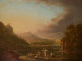 tableau représentant un tableau où l'on voit des personnages dans un paysage avec un château en arrière-plan