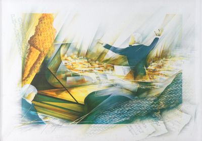 a painting of a man standing in front of a piano