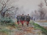 painting of a group of soldiers walking down a dirt road