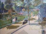 un tableau représentant des personnes dans un parc par une journée ensoleillée