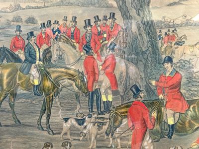 un tableau représentant un groupe d'hommes en manteaux rouges à cheval