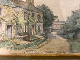 a watercolor painting of a country house on the wall
