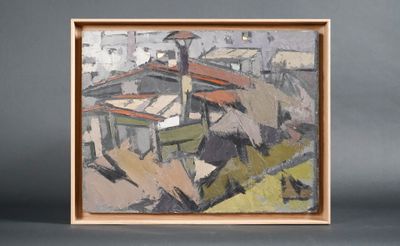 l'image d'une peinture représentant un bâtiment avec une tour d'horloge en arrière-plan