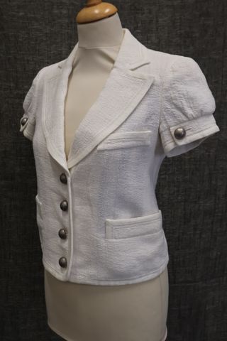 EMPORIO ARMANI – Blazer à manches courtes en lin blanc, boutons e...