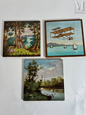 three paintings on a white wall with a painting of a plane and a boat