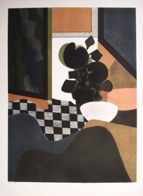 a picture of a painting of a vase of flowers on a table