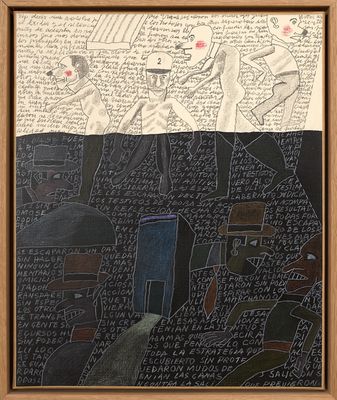 une image représentant un tableau où l'on voit un groupe de personnes sur fond noir