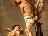 an image of a painting of jesus on the cross with two angels