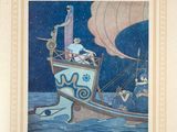painting of a man on a boat in the ocean with people on it