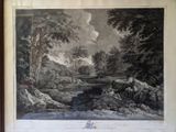 an old print of a landscape with a river and a bridge