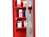 une image représentant une armoire métallique rouge dont la porte est ouverte