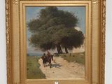 a painting of a man riding a horse down a dirt road