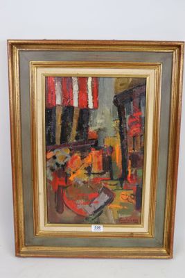 une peinture représentant une peinture d'une pièce avec une table et des chaises