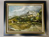 an oil painting of a landscape with a mountain in the background