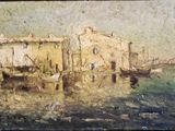 une image d'une peinture d'une ville au bord de l'eau
