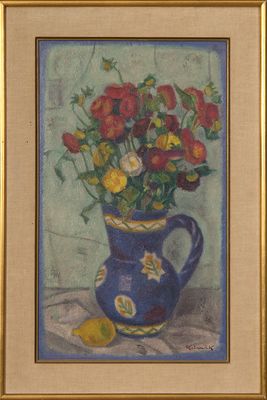 tableau représentant des fleurs dans un vase bleu, avec un citron posé sur une table