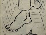 drawing of a person standing on a bench with a fish
