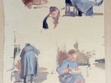 four pictures of people sitting on a bench in the snow