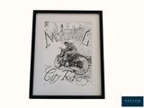 a drawing of a man riding a motorcycle on the street