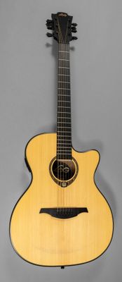 an acoustic guitar is shown against a gray background