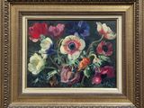 an oil painting of anemonias and other flowers in a gold frame