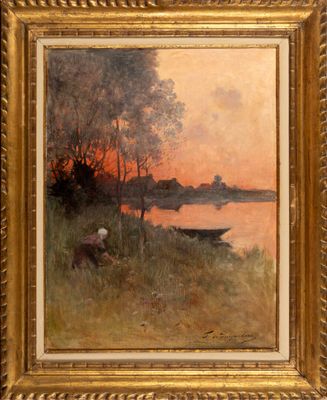 une peinture à l'huile représentant un bateau sur un lac, avec un coucher de soleil en arrière-plan