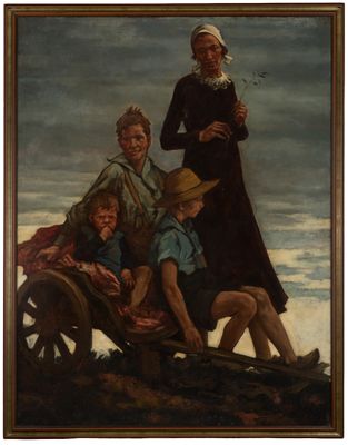 un tableau représentant trois femmes et deux enfants assis sur une charrette