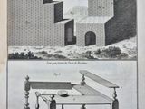 un vieux dessin représentant une table et des chaises devant un bâtiment