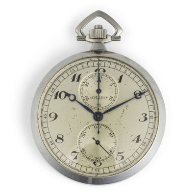 a close up of a silver pocket watch on a white background