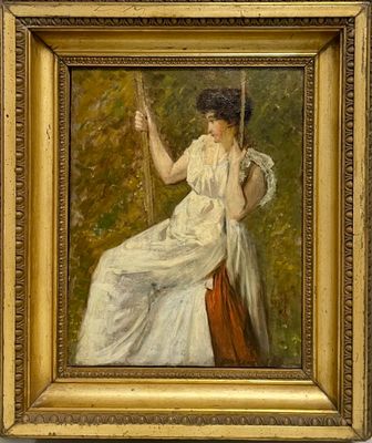 tableau représentant une femme assise sur une balançoire dans un décor boisé