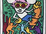 tableau représentant un homme portant des lunettes de soleil et un chien, sur fond vert