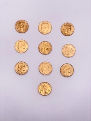 9 pièces 20 francs or au coq (1x1905; 2x1907; 2x1908 ; 1x1909 ; 1x1910 - Photo 1