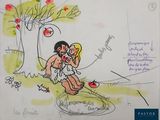 dessin humoristique représentant un homme et une femme assis sous un pommier