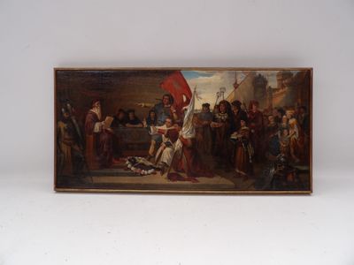une image représentant un tableau où l'on voit un groupe de personnes debout dans une pièce