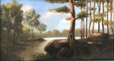 un tableau représentant une rivière au milieu d'une forêt