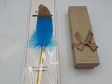 a blue feather pen and a box with a brown ribbon