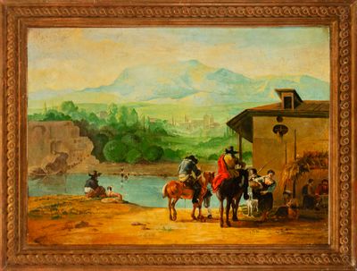 Huile sur toile, L'arrêt, maître italien vers 1800, Naples