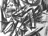 drawing of a man holding a child in his arms while standing in front of a clock